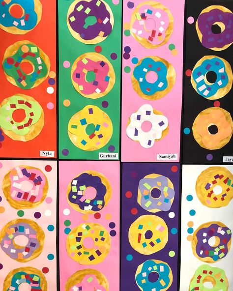 First Grade Collage Art, Preschool Mixed Media Art, Preschool Cookie Craft, Food Art Lesson, Donut Art Project For Kids, Pre K Art Lessons, Kindergarten Shape Art, Shapes Art For Kids, Square 1 Art Ideas