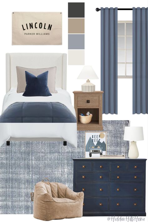 Navy boys bedroom decor Blue Boys Room, Tilly Upholstered Bed, Blue Boys Bedroom, Boys Room Blue, Toddler Boy Room Decor, Boy Toddler Bedroom, Boys Bedroom Makeover, Boy Rooms, Big Boy Bedrooms