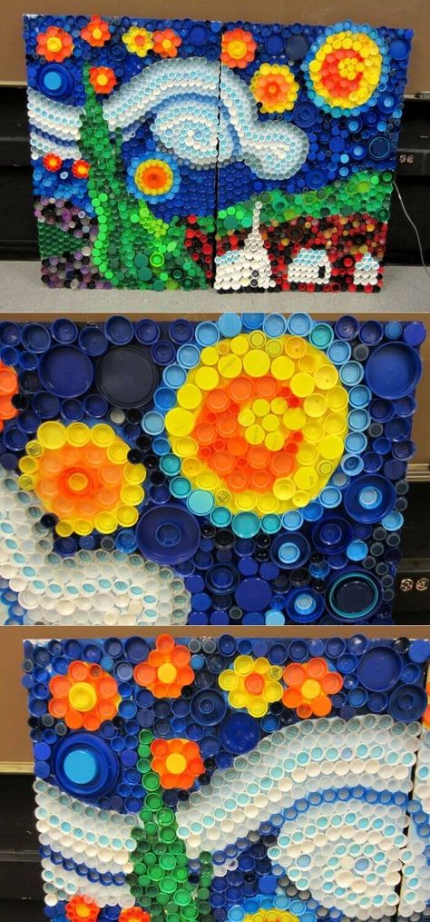 This idea is made out of bottle caps of different sizes. This mosaic can be used as a form of decoration if done properly. Canvas Recycling Ideas, Plastic Mosaic Recycled Art, Waste Art Crafts, Coffee Can Diy Projects, Recycling Projects For School, Plastic Bottle Cap Crafts, Recycled Sculpture, Recycled Material Art, Art From Recycled Materials