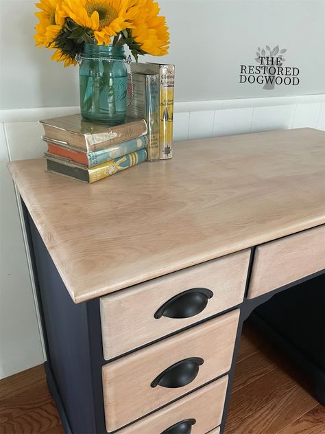 Old Wood Desk Makeover, 2 Tone Desk, Two Tone Desk Makeover, Redo Desk Ideas Diy Painted Furniture, Desk Refinishing Ideas Wood, Desk Before And After, Before And After Desk Makeover, Wooden Desk Refurbished, Old Desk Makeover Diy Paint