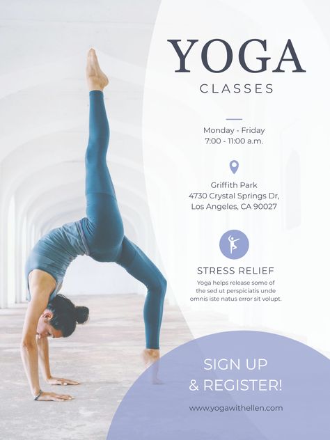 Yoga Class Poster Template Visme Yoga Class Poster Template, Yoga Class Advertisement, Yoga Class Poster Design, Yoga Poster Design Ideas, Yoga Advertising Ideas, Yoga Creative Ads, Yoga Classes Poster, Yoga Class Poster, Yoga Ads