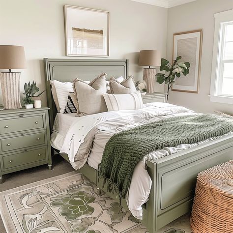 grey_and_sage_green_bedroom 15 Sage Tan Bedroom, Sage And Silver Bedroom, Sage Green Bed Frame, Sage Bedroom Furniture, Sage Furniture Bedroom, Bedroom Colour Ideas For Couples, Olive And Grey Bedroom, White And Sage Green Bedroom Aesthetic, Sage Green Cottage Core Bedroom