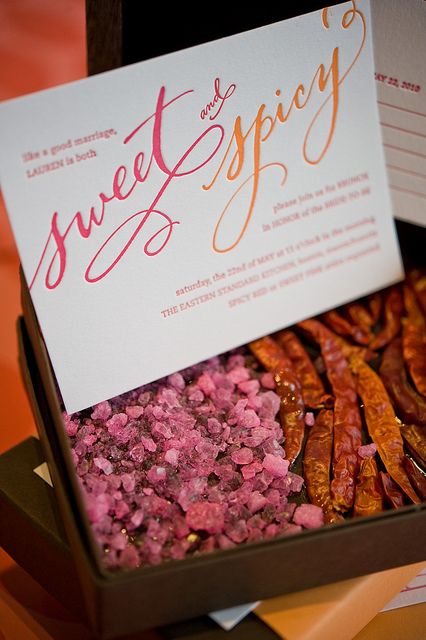 Sweet and Spicy bridal shower invite in mailing box, featured on 100 Layer Cake. Calligraphy by Crystal Kluge Pink Rock Candy, Paris Bridal Shower Theme, Lemon Themed Party, Paris Themed Birthday Party, Dried Chili Peppers, Calligraphy T, Bridal Theme, Invite Ideas, Beautiful Lettering