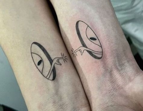 Same Tattoos For Friends, Matching Tatooes Friends, Half And Half Tattoos For Best Friends, Matching Non Matching Tattoos, Two People Tattoos, Tattoo Ideas Besties, Matching Spooky Tattoos For Best Friends, Boy And Girl Matching Tattoos, Matching Best Friend Tattoos Boy And Girl