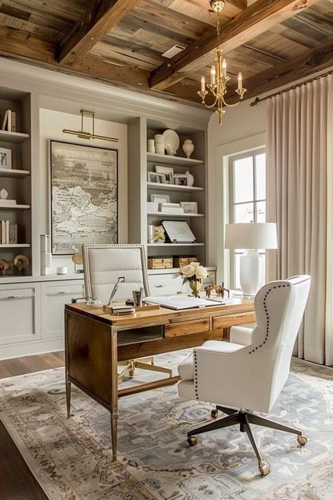 Feminine Study Room, Dark Wood Floor Office, Old Money Office Design, Flex Office Space, Built In Office Shelves, Old Money Aesthetic Office, English Country Office, At Home Office Ideas For Women, French Country Home Office