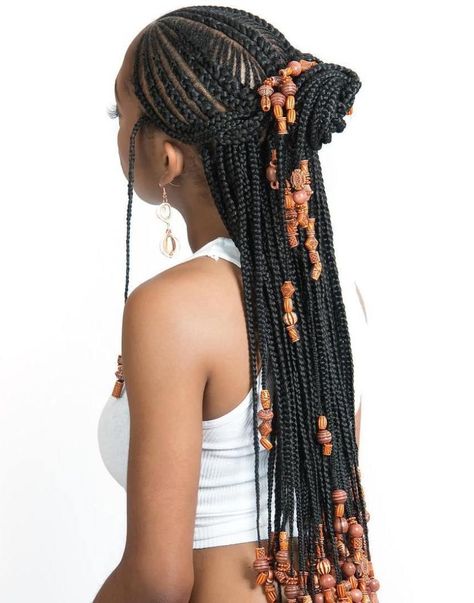 Cornrows with Artistic Beaded Twisted Bun Braids And Beads, Ghana Weaving, Cabello Afro Natural, Weave Hair, Long Box Braids, Hair Twist, Afrikaanse Mode, Twist Styles, Fulani Braids