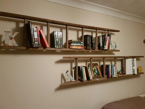 What To Do With Old Wooden Ladders, Books Stacked, Lots Of Books, Crate Bookshelf, Old Ladder, Bookshelf Design, Wall Bookshelves, Pinterest Home, Bookshelves Diy