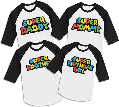 "Personalized Mario Brothers 3/4 sleeve shirts  To place your order choose  ◼︎Print: Super Daddy Super Mommy Super Birthday Boy Super Brother  Super Sister Personalized \"Super \" ◼︎Size: We have all sizes available for the whole family  Adult shirts with black sleeves run unisex so suggested for women to go down a size if a more fitted look is wanted. 3-6 months  6-12 months 12-18 months 2 kids 4 kids 6 kids 8 youth 10 youth 12 youth  XS -Unisex S - Unisex M- Unisex L - Unisex XL - Unisex XXL - Luigi Party, Nintendo Birthday Party, Luigi Birthday, Mario Brothers Birthday Party, Mario Kart Party, Mario Bros Birthday Party Ideas, Super Mario Bros Birthday Party, Mario Y Luigi, Mario E Luigi