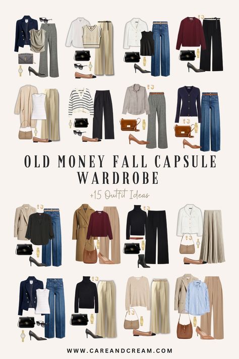 Discover the timeless elegance of an old money fall capsule wardrobe with this must-read blog post! Elevate your fall style with these fall wardrobe essentials that embody the old money fall aesthetic. Get inspired by this old money fall wardrobe and 15 classy outfit ideas! Plus: old money fall outfits, cute fall outfits, old money fall fashion. Capsule Wardrobes For Travel, Budget Capsule Wardrobe Fall, Classic Work Capsule Wardrobe, Fall Outfit Work Office Chic, Old Money Work Outfits Fall, Cool Mom Capsule Wardrobe, Capsule Fall Outfits, Old Money Fall Style, Fall 2024 Capsule Wardrobe Outfits