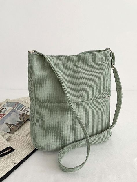 Olivia Mark - Corduroy Snap Button Square Bag - Women Crossbody Color: Green,Strap Type: Adjustable,Pattern Type: Plain,Style: Preppy,Bag Size: Large,Quantity: 1 piece,Type: Square Bag,Composition: 100% Cotton,Material: Corduroy attr_name: , Bag Width: 4.7 inch, Bag Height: 15 inch, Bag Length: 13.8 inch, Strap Length: Corduroy Bag Totes, Green Preppy, Pretty Tote Bags, Preppy Bags, Stylish School Bags, Handpainted Bags, Diy Leather Bag, Game Environment, Adjustable Bag