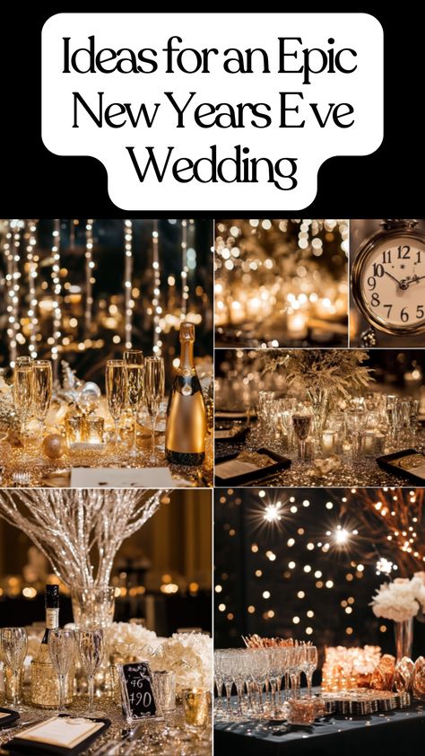 Elegant New Year's Eve wedding setup with sparkling decorations, party favors, and a festive countdown moment, perfect for a night filled with joy and celebration. New Years Eve Event Ideas, New Years Eve Wedding Decorations Receptions, New Year Engagement Party, New Years Eve Wedding Decor, Wedding New Years Eve, New Years Eve Buffet Ideas, New Years Wedding Decorations, New Years Eve Vow Renewal, Glitz And Glam Wedding Theme