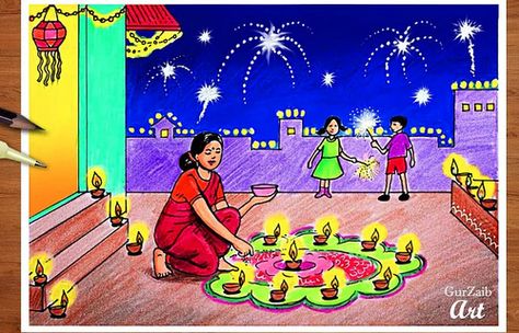 Diwali Pictures For Kids, Diwali Composition Drawing, Diwali Memory Drawing Watercolor, Diwali Theme Drawing, Drawing Related To Diwali, Diy Candles For Diwali, Diwali Drawing Ideas Easy, Diwali Drawing Ideas For Kids, Diwali Drawing Sketch