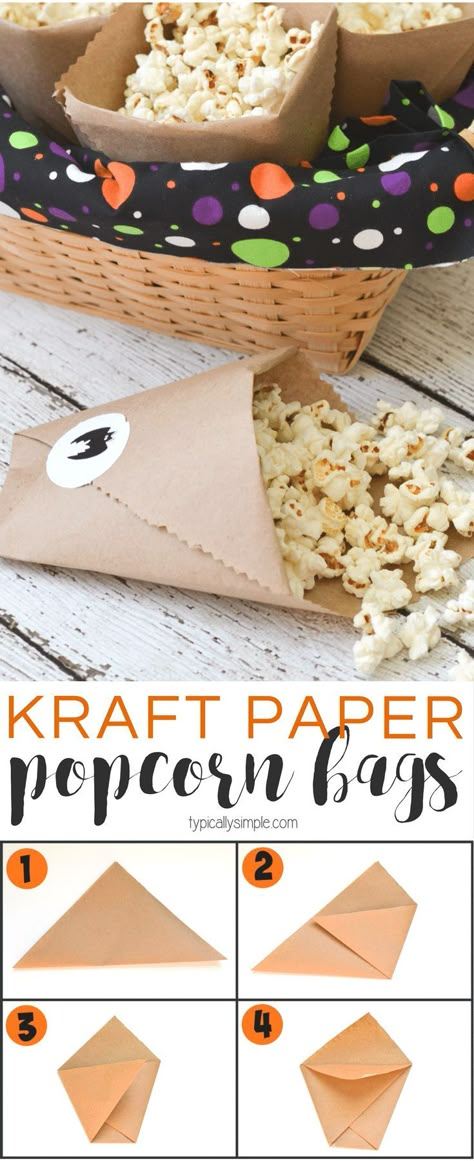 These easy DIY kraft paper bags are a fun way to serve popcorn at your Halloween parties! Just personalize the stickers to go with your party theme! Diy Paper Treat Bags, How To Serve Popcorn At A Party, Popcorn Serving Ideas, Popcorn Bags Diy, Popcorn Crafts, Popcorn Cones, Popcorn Holder, Popcorn Packaging, Party Popcorn