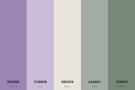 18. Sage Green And Purple Color Palette Color Palette with African Violet (Hex #9E83B8) + Thistle (Hex #CCBBDB) + Alabaster (Hex #EBE5D9) + Ash Gray (Hex #A2ABA1) + Reseda Green (Hex #758976) Color Palette with Hex Codes Purple Gray Green Color Palette, Lavender Color Palette Hex Code, Lilac And Sage Color Palette, Lilac Green Color Palette, Lilac Color Palette Wedding, Lavender And Sage Color Palette, Sage Green And Lilac Bedroom, Sage And Lavender Color Palette, Purple And Green Colour Palette