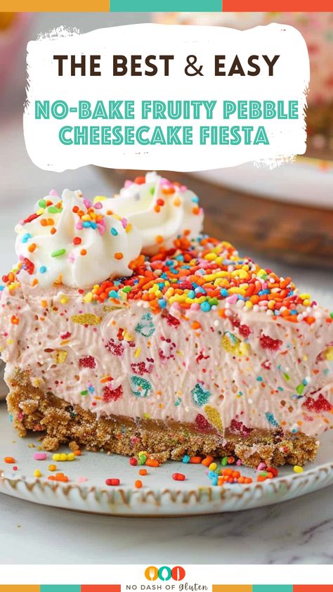 No-Bake Fruity Pebble Cheesecake Fiesta No Bake Fruity Pebbles Cheesecake, Fruity Pebbles Cheesecake, Fruity Pebble Cheesecake, Fiesta Recipes, Gluten Free Holiday Recipes, Fruity Pebble, Fruity Pebbles Cereal, Best Party Food, Gluten Free Desserts Recipes