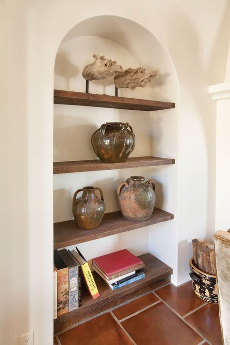 Wall Niche Ideas, Vintage Wood Floor, Recessed Wall Niche, Wall Niches, Niche Decor, Recessed Shelves, Wood Shelving, Reclaimed Wood Shelves, Barn Wood Projects