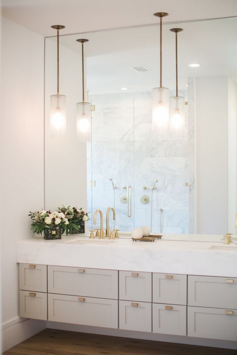 JULIETTE CIRCLE - Modern - Bathroom - Orange County - by CHER HOUSE | Houzz Bathroom Vanity Full Wall Mirror, Bathroom With Full Wall Mirror, Pendant Over Mirror Bathroom, Master Bath Pendant Lighting Vanities, Full Wall Vanity Mirror, Pendant Lights In Bathroom Vanity, Master Bath Mirror And Lighting, Bathroom Full Wall Mirror, Bathroom Vanity Pendant Lighting Over Mirror