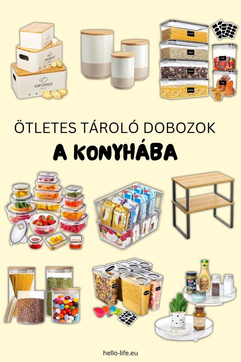 Kollázs különböző konyhai tároló dobozokról, amelyek praktikus megoldásokat kínálnak a konyhai rend fenntartásához. Az Amazon termékeiből készült, áttetsző, vonzó dizájnnal rendelkező tárolók, ideálisak zöldségek, fűszerek és egyéb konyhai eszközök tárolására. Home Office