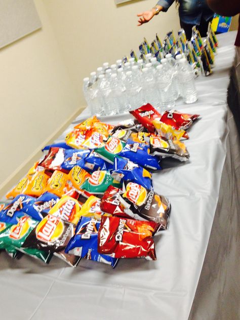 Easy and less cleaning!! Individual bags of chips, water with snowflake ribbons, and Capri Suns Individual Chip Bags Party Ideas, Individual Party Snacks, Chip Party Display, Bag Chips Display For Party, Party Chips Display, Chips For Party, Quince Snacks, Spring Dance, Gymnastics Party