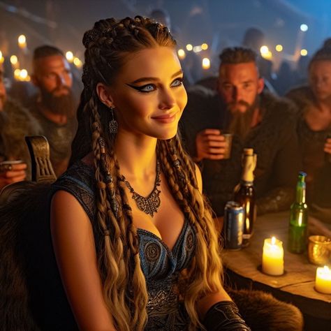 Womens Viking Braids, Rock And Roll Makeup Rocker Chic, Dragon Rider Hairstyles, Viking Women Makeup, Viking Female Art, Warrior Hairstyles Woman, Viking Woman Hair, Medieval Character Inspiration, Nordic Hairstyles