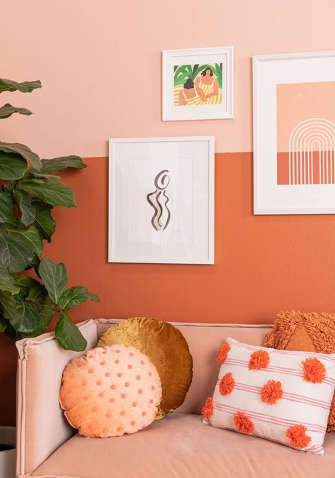 color adventures: a rust living room / via oh joy! Orange Color Room Ideas, Dulux Boho Blush, Peach Colored Rooms Bedrooms, Peach Orange Bedroom, Peach Wall Living Room, Peach Color Room, Peach Walls Living Room, Peach Living Room Walls, Peach Color Bedroom Ideas