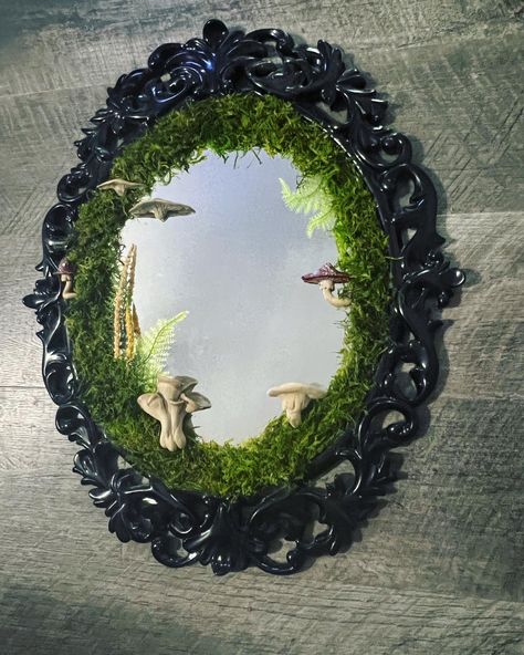 Moss Mirror With Crystals, Wizard Trinkets, Mossy Mirror, Portal Mirror, Moss Mirror, Gothic Mirror, Pooh Corner, Castle On The Hill, Goth Fairy