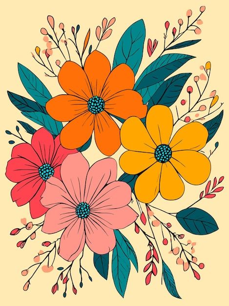 Decorative colored flowers pattern vecto... | Premium Vector #Freepik #vector #drawing #wallpapers #abstract-background #floral-background Floral Patterns Drawing, Floral Design Drawing Pattern, Abstract Motifs Design, Digital Flowers Design, Floral Motifs Pattern, Floral Pattern Drawing, Vector Flower Design, Floral Illustration Art, Floral Design Drawing