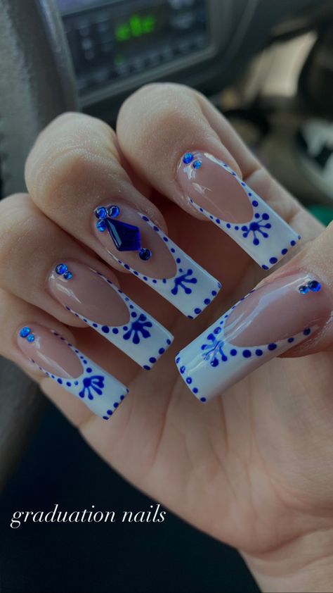 nail inspo Blue Tequila Nails, White Nails Blue Gems, Blue And White Tequila Bottle Nails, Royal Blue Gem Nails, Pink Clase Azul Nails, Blue And White Nails Square, Blue N White Nails, Blue Latina Nails, Blue Square Nail Designs