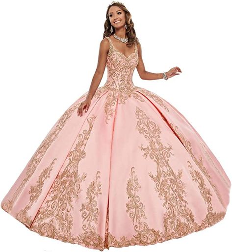 Emmani Women's Spaghetti Straps Embroidery Quinceanera Dresses Beaded Sweet 16 Ball Gown Champagne at Amazon Women’s Clothing store Quinceanera Pink Dresses, Quinceanera Pink, Mary's Bridal, Quinceanera Dress, Sleeveless Long Dress, Quince Dresses, Blush And Gold, Dresses Elegant, Long Prom Dress