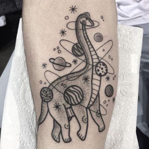 Dinosaur In Space Tattoo, Space Dinosaur Tattoo, Tattoo Ideas Space, Brontosaurus Tattoo, Brachiosaurus Tattoo, Tattoo Dino, Egg Tattoo, Dino Tattoos, Dino Tattoo