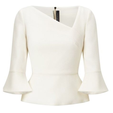 Roland Mouret Rudyard Top ($655) ❤ liked on Polyvore featuring tops, roland mouret, long-sleeve, white, white peplum top, peplum tops, asymmetrical neckline top and white top White Bell Sleeve Top, Bell Sleeve Tops, White Peplum Top, Stylish Kurtis Design, Long Sleeve Peplum Top, White Peplum Tops, Body Con Dress Outfit, African Print Tops, White Peplum