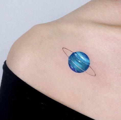 Saturn And Uranus Tattoo, Uranus Saturn Tattoo, Uranus Tattoo Aquarius, Uranus Planet Tattoo, Saturn Tattoo Color, Small Planet Tattoo, Uranus Tattoo, Milo Tattoo, Small Color Tattoo