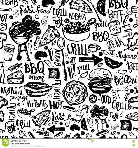 BBQ Barbecue Grill Doodle Seamless Pattern. Colorful BBQ Design With Hand Drawn Lettering For Wrapping, Banners And Stock Vector - Illustration of meal, isolated: 79579589 Bbq Restaurant Design, Door Grill Design, Brewery Decor, Bbq Design, Grill Sandwich, Small Restaurant Design, Grill Logo, Door Grill, Design Grill