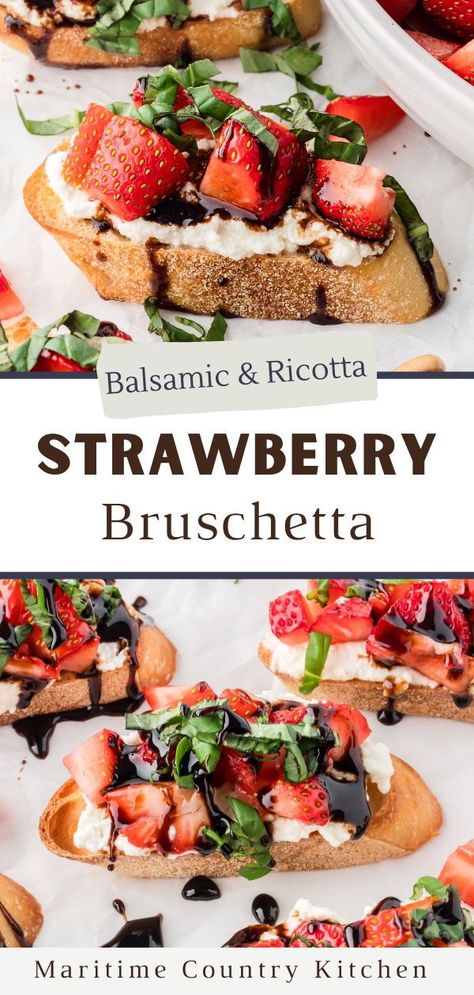 If you're looking for the perfect Summer appetizer, you need to try this sweet and savory Strawberry and Ricotta Crostini. Filled with fresh summer berry flavor, creamy ricotta cheese, and a drizzle of balsamic glaze (homemade OR store-bought) - this easy and elegant finger food is perfect for every type of party, and is sure to impress your guests - with little effort on your part. Strawberry Crostini, Ricotta Strawberry, Strawberry Bruschetta, Ricotta Crostini, Ricotta Dip, Macerated Strawberries, Bruschetta Toppings, Strawberry Rhubarb Crisp, Caprese Skewers