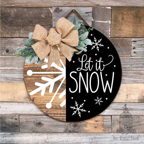 PAINTED Let It Snow Front Door Sign Winter Door Sign Round Winter Door Hanger Winter Wreath Snowflake Door Hanger Snowflake Sign - Etsy Front Door Sign Christmas, Let It Snow Wooden Sign, Front Porch Signs Wooden Diy Winter, Merry And Bright Porch Sign, Simple Fall Door Hangers, Welcome Signs For Front Door Christmas, Signs Using Cricut, Cute Christmas Door Hangers, Winter Circle Wood Signs