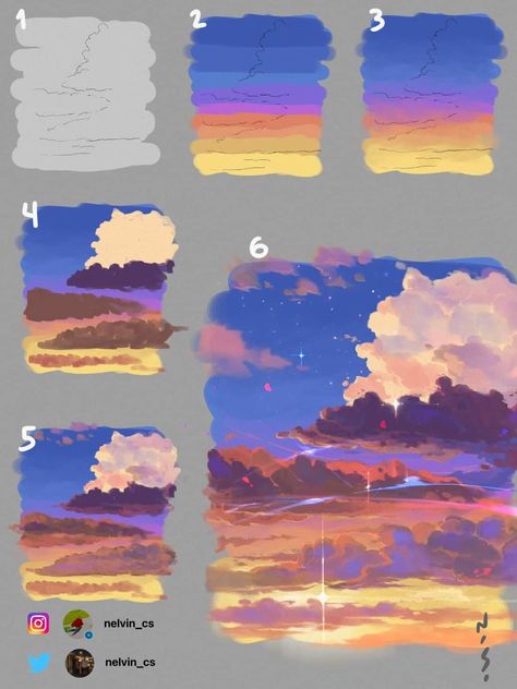 Beautiful cloud tutorial for artists! ♡ Seni Pastel, الفن الرقمي, Digital Painting Techniques, Concept Art Tutorial, Digital Art Beginner, Seni Cat Air, Lukisan Cat Air, Arte Sketchbook, Digital Painting Tutorials