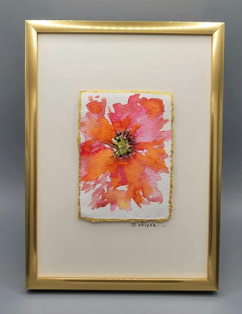 Hand painted card featuring an ORIGINAL watercolor painting of abstract poppy 2x3 deckled edge painting is trimmed in gold metallic paint and is mounted on a 5x7 folded card that is blank inside. Pricing is for card and envelope only delivered in a protective sleeve. Frame the original card in your own frame or one pictured for $15.00 to forever preserve your sentiment. See separate listing for gold frame. Free shipping within the US Cricut Water Color Cards, Watercolor Cards Artwork, 5x7 Watercolor Painting, Handmade Watercolor Cards, Cool Card Ideas, Fall Watercolor Art, Watercolor On Black Paper, Small Watercolor Paintings, Christmas Watercolors