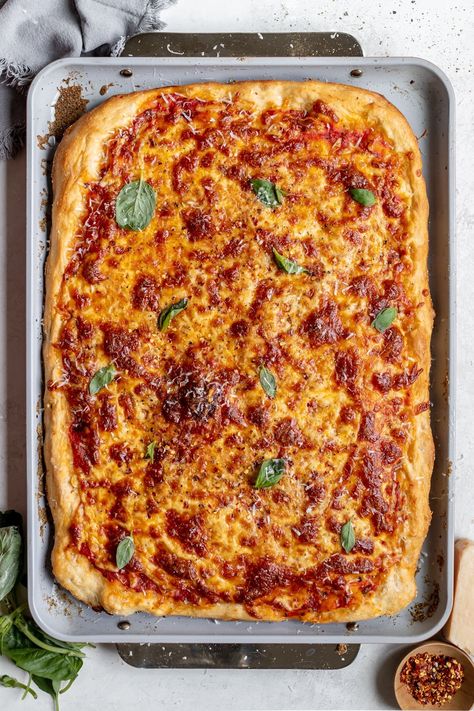 This Sheet Pan Pizza is perfect for a family night pizza night or even serving a crowd. The homemade, thick, crisp, and chewy crust takes this recipe to the next level and you can add all of your favorite toppings. Baked right on your sheet pan with no fuss of using pizza ovens or baking steels. Get ready to fall in love with this scratch-made pizza! #sheetpanpizza #homemadepizza #sheetpanrecipes #easypizza #homemadepizzadough #pizzadough #cheesepizza #pizzanight Gluten Free Sheet Pan Pizza, Homemade Pizza Sheetpan, Sheet Pan Pizza, Oven Baked Pizza, Pasta Restaurants, Pizza Ideas, Grain Recipes, Making Homemade Pizza, Recipe Sheets