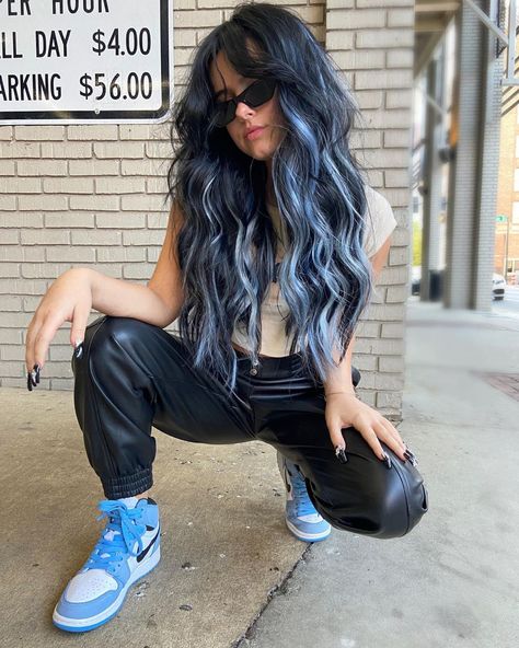 Black Blue And Blonde Hair, Blue Hair With Dark Roots, Black And Light Blue Hair, Blue Money Piece Hair, Scorpio Hair, Smokey Blue Hair, Black Roots Blonde Hair, Icy Blue Hair, Blonde And Blue Hair