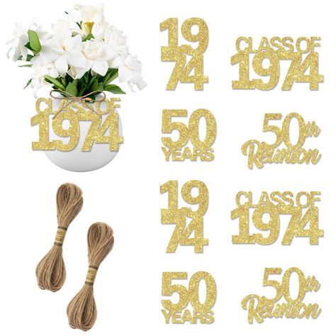 PRICES MAY VARY. Class reunion table tags: There have 24pcs reunion party tags in a pack. Size measures 3.7 inches by 6 inches. It will be a great table decorations Glitter design: Our 1974 class reunion tag is cut from glitter paper. Unlike other glitter papers, the glitter simply will not come off. It is easy to clean-up when the 50th class reunion party is over Easy to use: Our class reunion cutouts tags need to assemble by yourself. You can use the ribbon to string theme and hang on the bott 50th Class Reunion Table Decorations, Table Decor For Class Reunion, 50th Class Reunion, Reunion Centerpieces, High School Class Reunion, Class Reunion Decorations, Reunion Decorations, Reunion Party, Table Tags