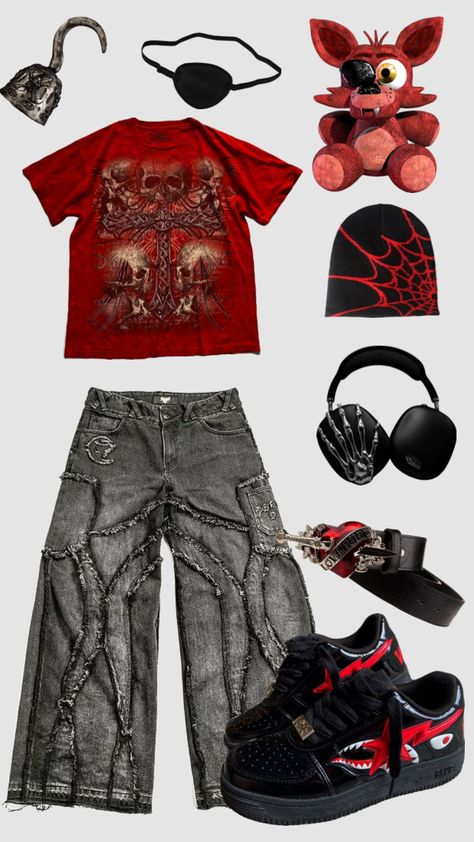 #fnaf #outfitinspo #foxyfnaf Emo Outfits For Guys, Punk Style Outfits, Geeky Clothes, Silly Clothes, Aesthetic Grunge Outfit, Funky Outfits, Emo Outfits, Punk Outfits, Swaggy Outfits