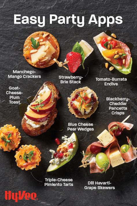 Planning a special holiday meal for a small gathering or the family? Make it an appetizer night with your favorite cheeses! We love these simple pairing ideas that make declicious bites. Find all of these recipe ideas and shop for everything you need at Hy-Vee.com. Appetizer Recipes Classy, Canape Recipes Easy, Appetizer And Drink Pairings Parties, Appetizer Recipes For Restaurant, Wine Snacks Appetizers Simple, Canapes Ideas Appetizers Simple, Starters Ideas Appetizers, Party Canapes Small Bites, Cheese Ideas Appetizers