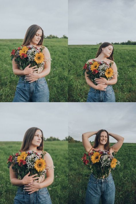 Fall Flower Top Photoshoot, Flower Bouquet Shirt Photoshoot, Flowers Tucked In Pants Photoshoot, Flower Too Photo Shoot, Flower Top Photoshoot Poses, Flower Photoshoot Outside, Flower And Jeans Photoshoot, Flower Pants Photoshoot, Flowers In Jeans Photography