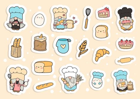 Baker Gnomes sticker, kitchen gnome planner and scrapbook. Cookery Stickers, Cooking Stickers Printable, Illustration Stickers, Food Sticker, Vector Food, Potter Art, Scrapbook Stickers Printable, Food Stickers, Food Illustration