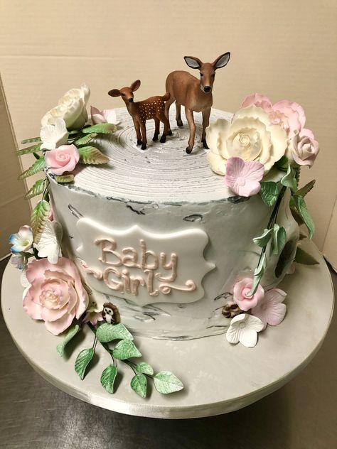 Girl Forest Baby Shower, Fairytale Baby Shower Cake, Woodland Baby Shower Theme Cake, Baby Shower Woodland Theme Girl, Bambi Baby Shower Cake, Woodland Girl Baby Shower Theme, Girly Woodland Baby Shower Theme, Oh Deer Baby Shower Girl, Woodland Theme Baby Shower Girl