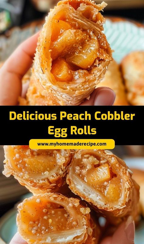 These Peach Cobbler Egg Rolls are a fun twist on the classic dessert! Crispy egg roll wrappers filled with sweet peach cobbler filling make for an irresistible treat. Peach Cobbler Rolls, Peach Cobbler Egg Rolls Air Fryer, Peach Cobbler Egg Rolls Easy Recipes, Air Fryer Dessert Egg Rolls Recipe, What To Make With Egg Roll Wrappers, Egg Roll Desserts, Fruit Egg Rolls, Sweet Egg Rolls, Egg Roll Filling Ideas