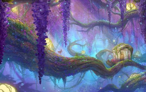 Wisteria Fantasy Art, Wisteria Character Design, Wisteria Tree Drawing, Wisteria Landscape, Wisteria Tree Painting, Wisteria Illustration, Wisteria Canopy, Dr Mundo, Wisteria Tree