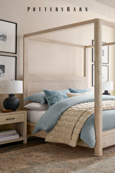 Coastal Bedrooms With Four Poster Beds, Anthropologie Rosalie Four Poster Bed, Coastal 4 Poster Bed, Restoration Hardware 4 Poster Bed, King Canopy Bed Pottery Barn, Cloud Bedroom, Relaxing Bedroom, Canopy Bed, Bedroom Collection