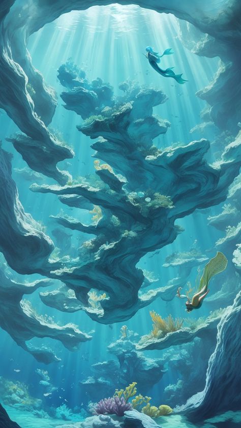 Dive into a surreal underwater Mythic Realm where mermaids and mystical sea creatures frolic beneath the shimmering surface of a tranquil ocean. Magical Sea Creatures, Fantasy Ocean Landscape, Ocean Fantasy Aesthetic, Ocean Concept Art, Underwater Concept Art, Mermaid Landscape, Ocean Surrealism, Fantasy Sea Creatures, Wyvern Rider