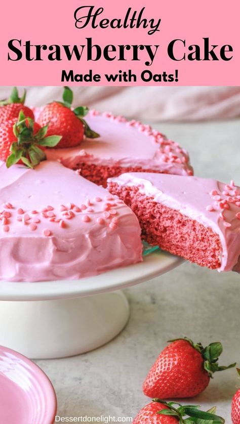 Healthy Strawberry Cake made with oat flour Kiwi Strawberry Cake, Healthy Strawberry Cake Clean Eating, Low Calorie Strawberry Cake, Vegan Gluten Free Strawberry Cake, Healthy Strawberry Smash Cake, Healthy Cake Icing Recipe, Healthy Cakes For Kids, Dye Free Strawberry Cake, Strawberry Cake Healthy